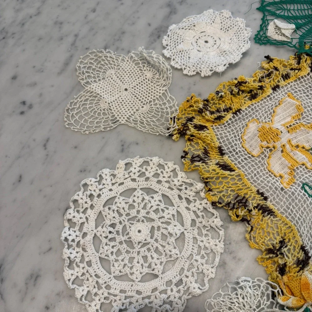 Vintage Handmade Crochet Doily Lot 11pc Floral 3D Green White Yellow Lace Set
